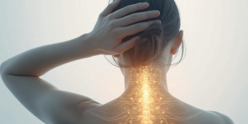 A woman touching her neck with golden-blue light symbolizing neuroplastic pain and nervous system healing.